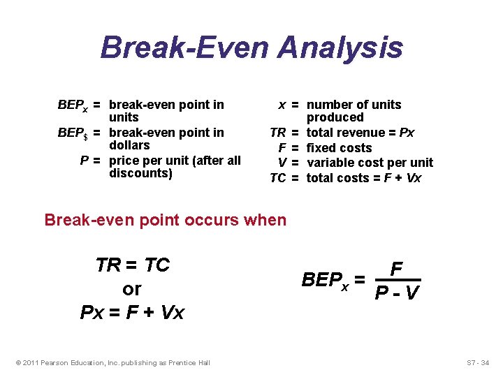 Break-Even Analysis BEPx = break-even point in units BEP$ = break-even point in dollars Break-Even Analysis BEPx = break-even point in units BEP$ = break-even point in dollars