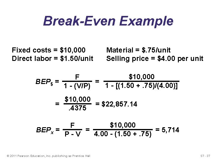 Break-Even Example Fixed costs = $10, 000 Direct labor = $1. 50/unit Material = Break-Even Example Fixed costs = $10, 000 Direct labor = $1. 50/unit Material =