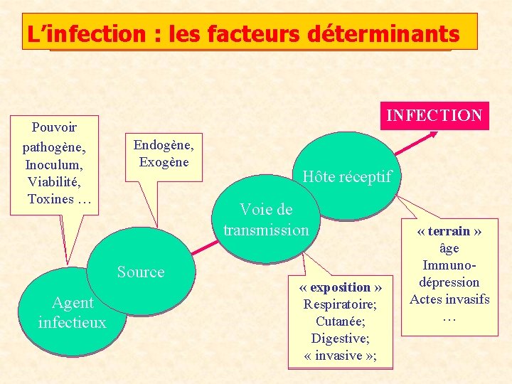 L’infection : les: facteurs déterminants L’infection les acteurs Pouvoir pathogène, Virulence, Inoculum, Viabilité, Toxines