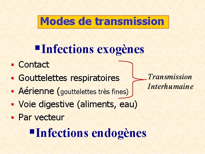 Modes de transmission §Infections exogènes § § § Contact Gouttelettes respiratoires Aérienne (gouttelettes très