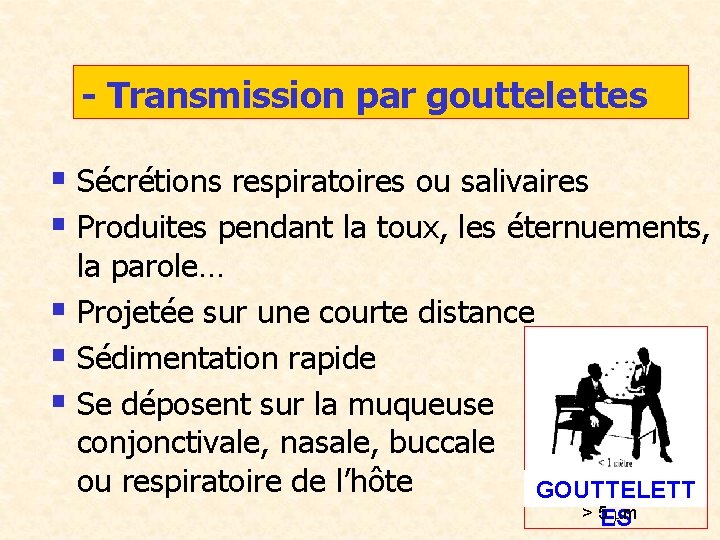 - Transmission par gouttelettes § Sécrétions respiratoires ou salivaires § Produites pendant la toux,