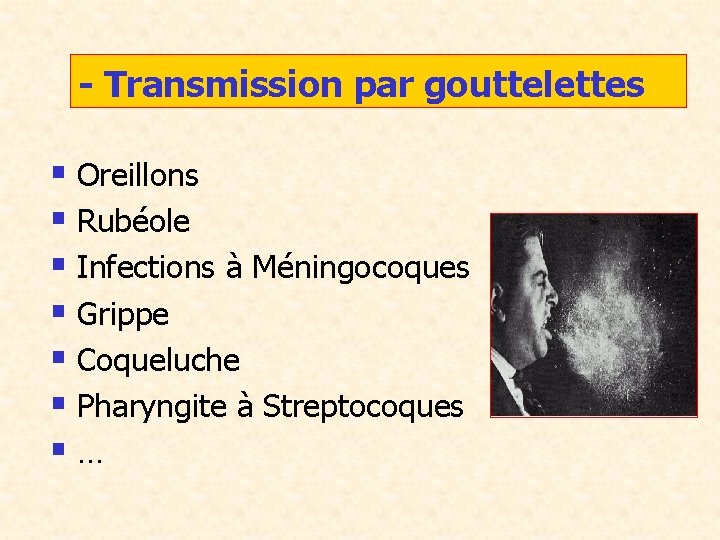 - Transmission par gouttelettes § Oreillons § Rubéole § Infections à Méningocoques § Grippe