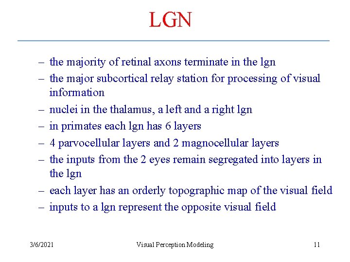 LGN – the majority of retinal axons terminate in the lgn – the major