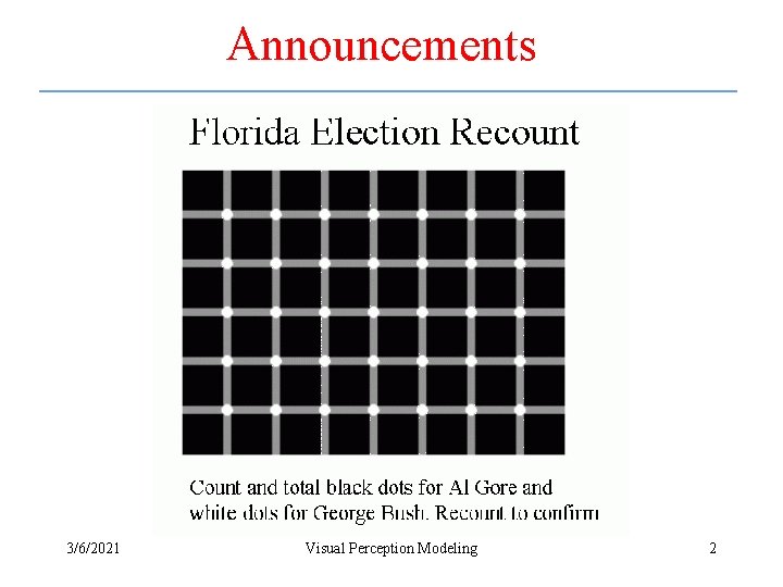 Announcements 3/6/2021 Visual Perception Modeling 2 