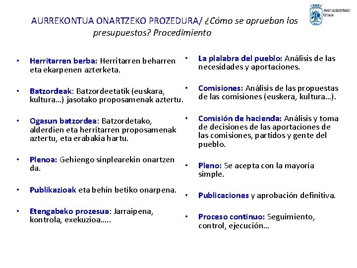 AURREKONTUA ONARTZEKO PROZEDURA/ ¿Cómo se aprueban los presupuestos? Procedimiento • Herritarren berba: Herritarren beharren