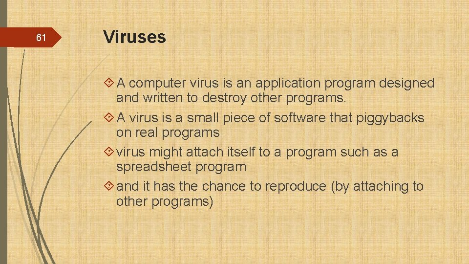 61 Viruses A computer virus is an application program designed and written to destroy