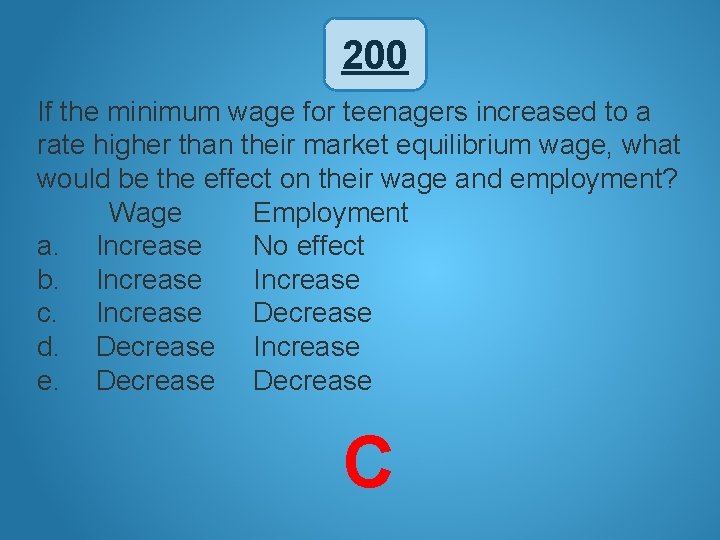 200 If the minimum wage for teenagers increased to a rate higher than their