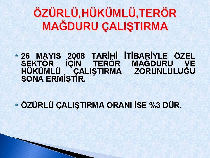 ÖZÜRLÜ, HÜKÜMLÜ, TERÖR MAĞDURU ÇALIŞTIRMA 26 MAYIS 2008 TARİHİ İTİBARİYLE ÖZEL SEKTÖR İÇİN TERÖR