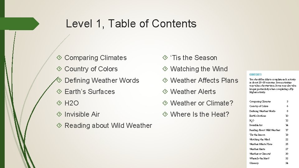 Level 1, Table of Contents Comparing Climates ‘Tis the Season Country of Colors Watching