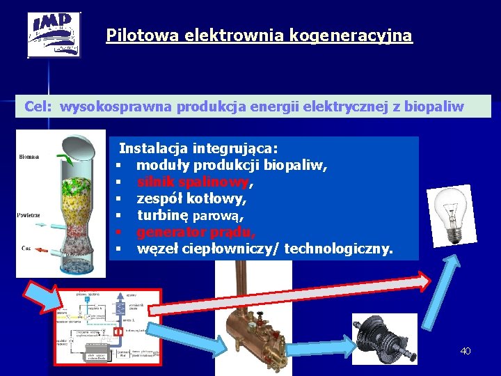 Pilotowa elektrownia kogeneracyjna Cel: wysokosprawna produkcja energii elektrycznej z biopaliw Instalacja integrująca: § moduły