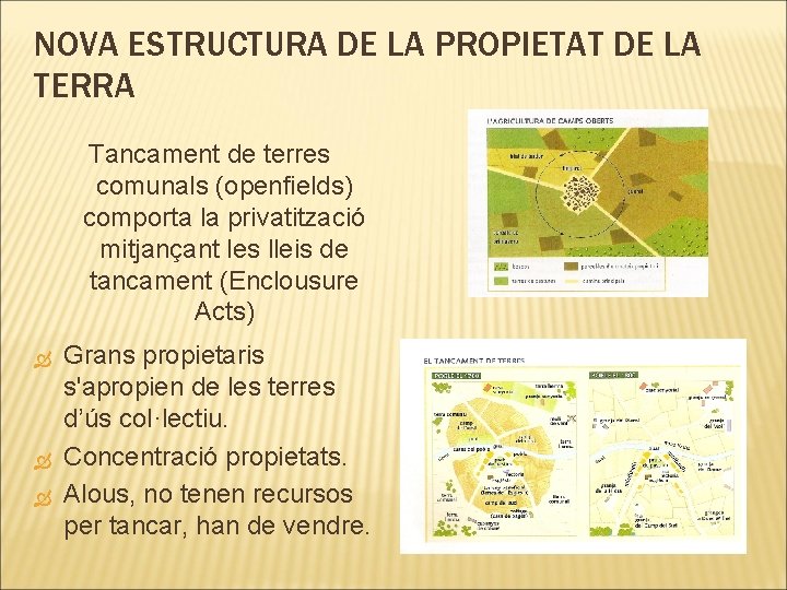 NOVA ESTRUCTURA DE LA PROPIETAT DE LA TERRA Tancament de terres comunals (openfields) comporta