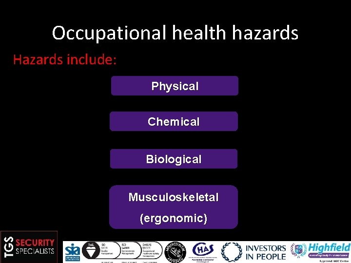 Occupational health hazards Hazards include: Physical Chemical Biological Musculoskeletal (ergonomic) 