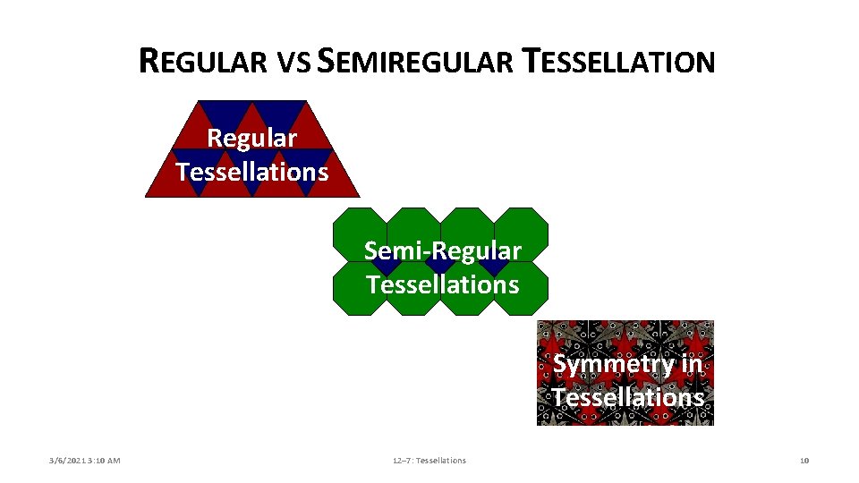 REGULAR VS SEMIREGULAR TESSELLATION Regular Tessellations Semi-Regular Tessellations Symmetry in Tessellations 3/6/2021 3: 10