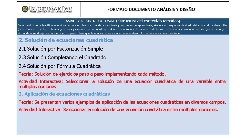 ANÁLISIS INSTRUCCIONAL (estructura del contenido temático) De acuerdo con la temática seleccionada para el