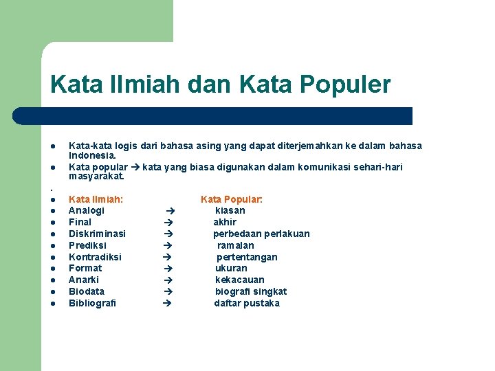 Kata Ilmiah dan Kata Populer l l Kata-kata logis dari bahasa asing yang dapat