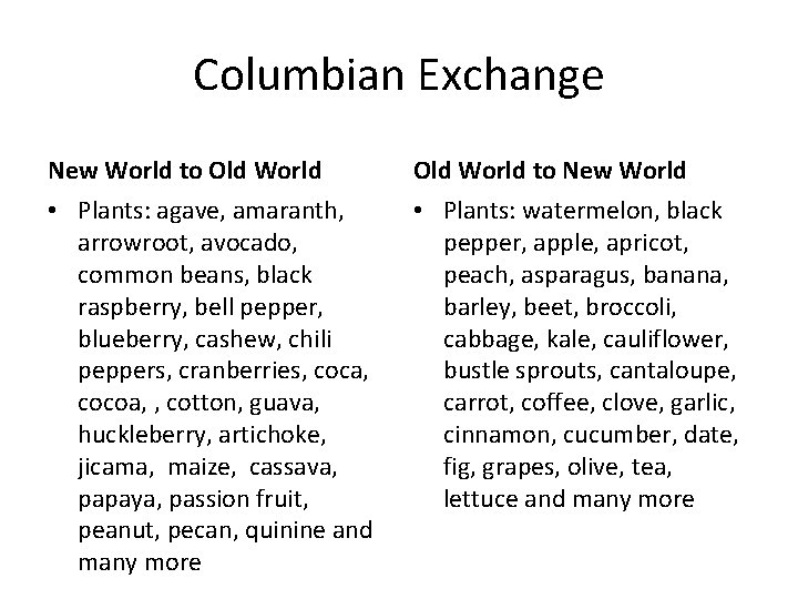 Columbian Exchange New World to Old World • Plants: agave, amaranth, arrowroot, avocado, common