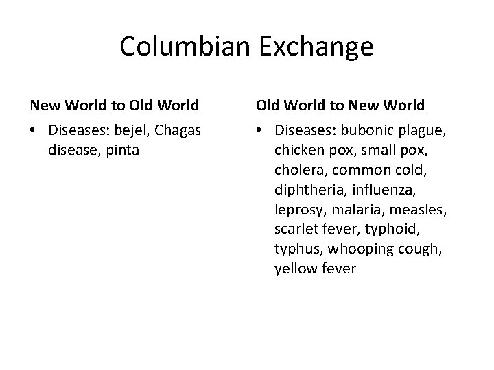 Columbian Exchange New World to Old World to New World • Diseases: bejel, Chagas
