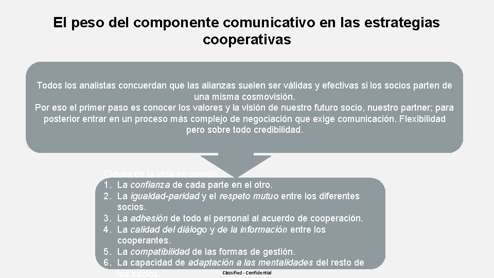 El peso del componente comunicativo en las estrategias cooperativas Todos los analistas concuerdan que