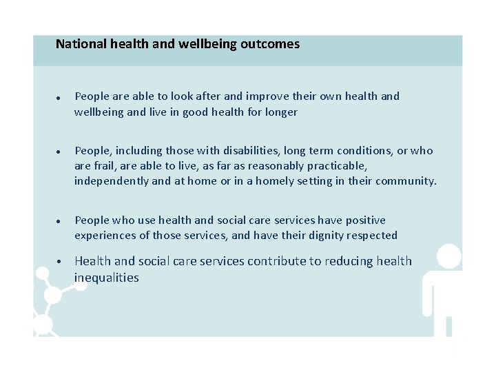 National health and wellbeing outcomes • People are able to look after and improve
