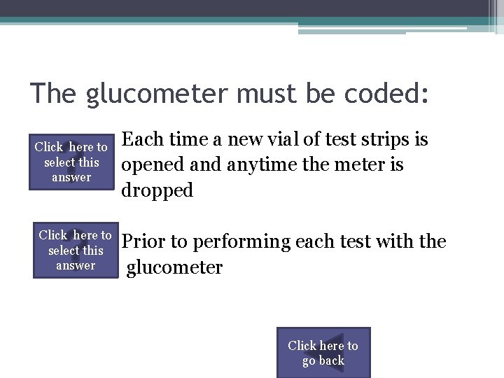 The glucometer must be coded: Click here to select this answer Each time a