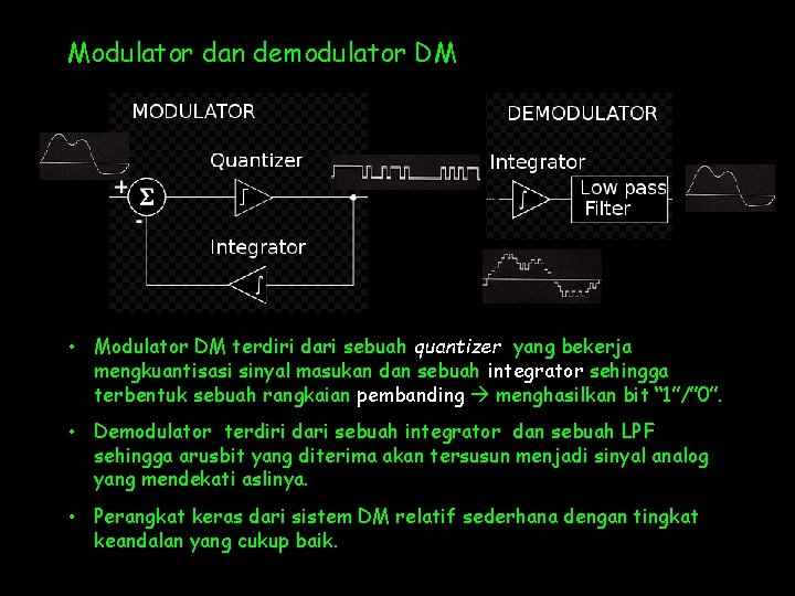 Modulator dan demodulator DM • Modulator DM terdiri dari sebuah quantizer yang bekerja mengkuantisasi Modulator dan demodulator DM • Modulator DM terdiri dari sebuah quantizer yang bekerja mengkuantisasi