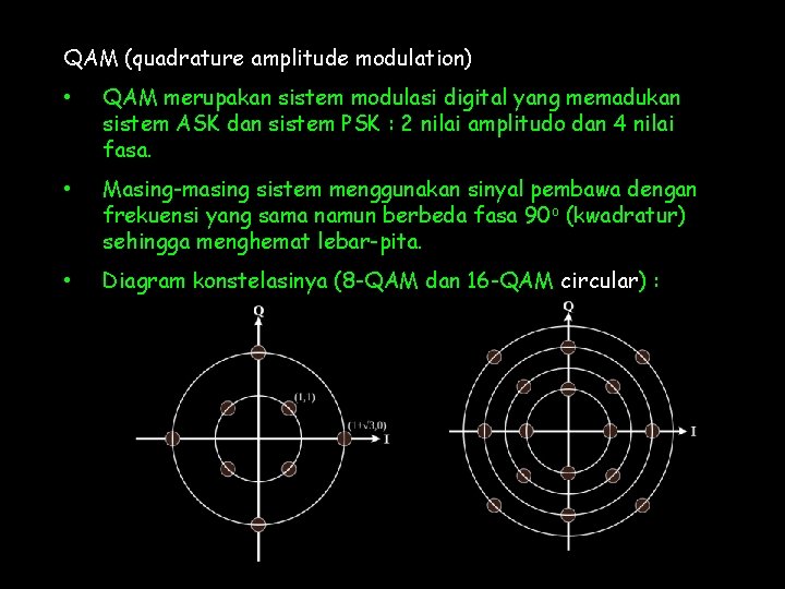 QAM (quadrature amplitude modulation) • QAM merupakan sistem modulasi digital yang memadukan sistem ASK