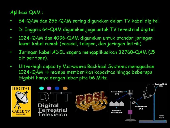 Aplikasi QAM : • 64 -QAM dan 256 -QAM sering digunakan dalam TV kabel Aplikasi QAM : • 64 -QAM dan 256 -QAM sering digunakan dalam TV kabel