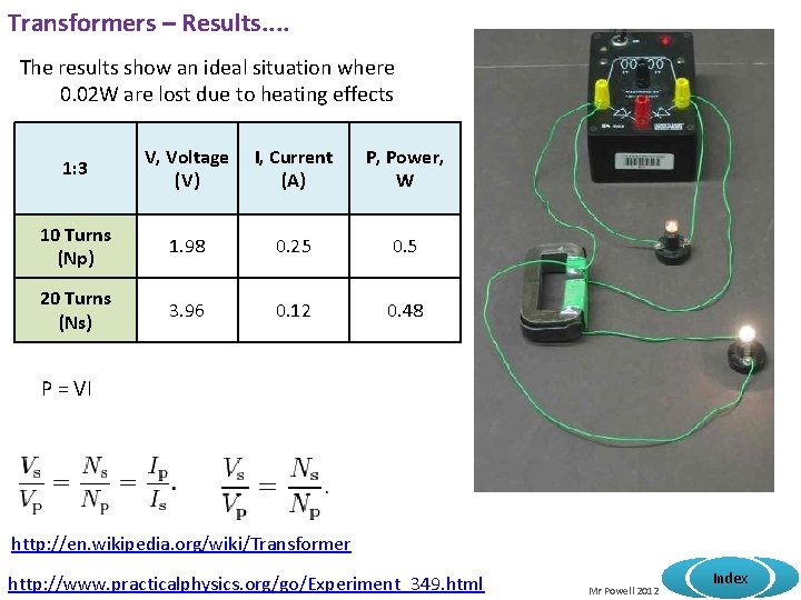 Transformers – Results. . The results show an ideal situation where 0. 02 W