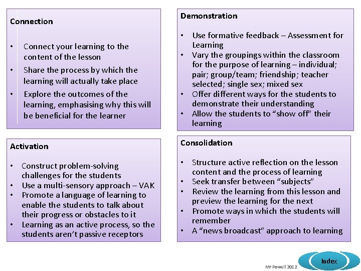 Connection • • • Connect your learning to the content of the lesson Share