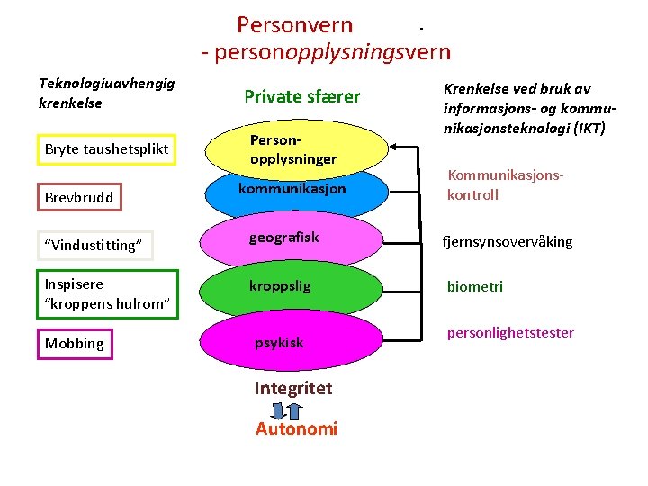 Personvern - personopplysningsvern Teknologiuavhengig krenkelse Bryte taushetsplikt Brevbrudd “Vindustitting” Inspisere “kroppens hulrom” Mobbing Private