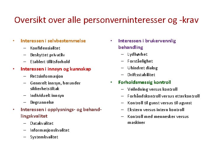 Oversikt over alle personverninteresser og -krav • Interessen i selvbestemmelse • – Konfidensialitet –