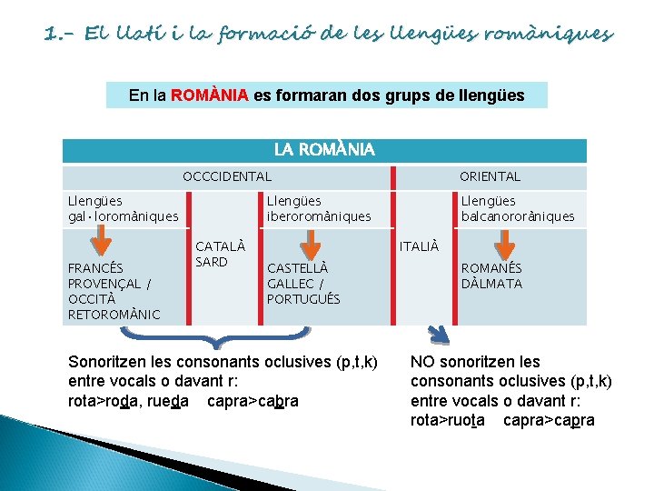 1. - El llatí i la formació de les llengües romàniques En la ROMÀNIA
