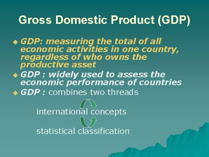 Gross Domestic Product (GDP) GDP: measuring the total of all economic activities in one