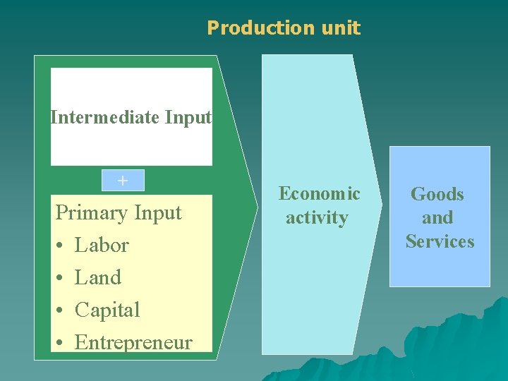 Production unit Intermediate Input + Primary Input • Labor • Land • Capital •