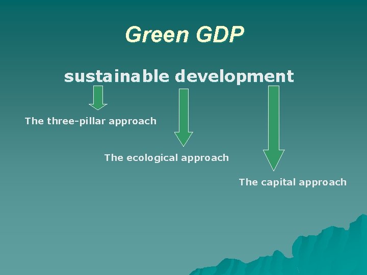 Green GDP sustainable development The three-pillar approach The ecological approach The capital approach 