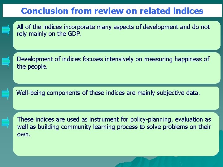 Conclusion from review on related indices All of the indices incorporate many aspects of