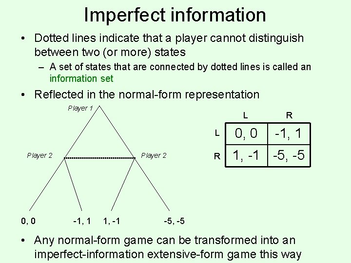 Imperfect information • Dotted lines indicate that a player cannot distinguish between two (or