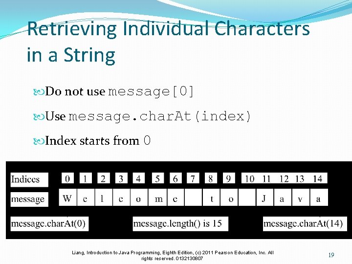 Retrieving Individual Characters in a String Do not use message[0] Use message. char. At(index)