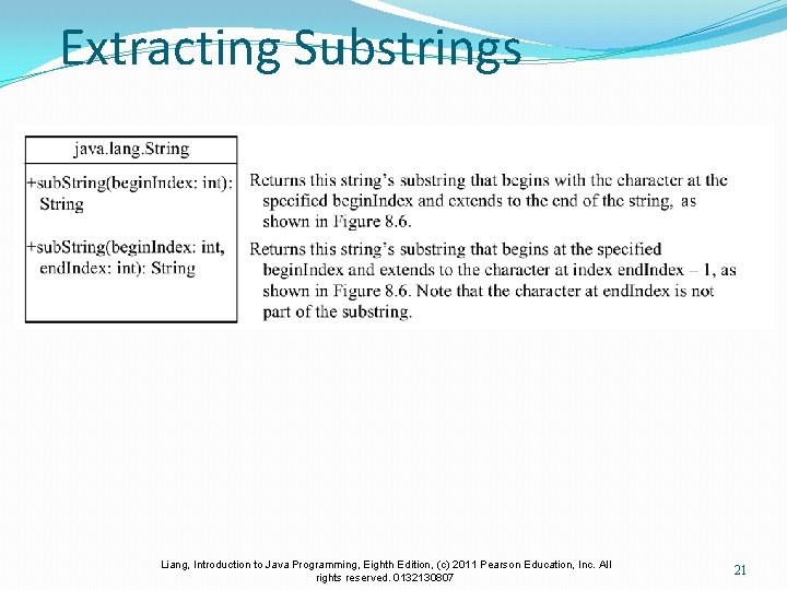 Extracting Substrings Liang, Introduction to Java Programming, Eighth Edition, (c) 2011 Pearson Education, Inc.