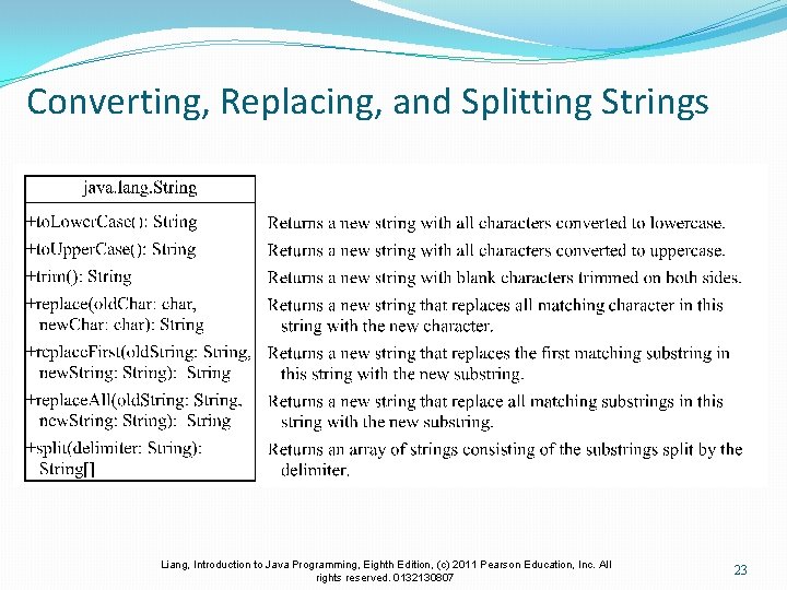 Converting, Replacing, and Splitting Strings Liang, Introduction to Java Programming, Eighth Edition, (c) 2011