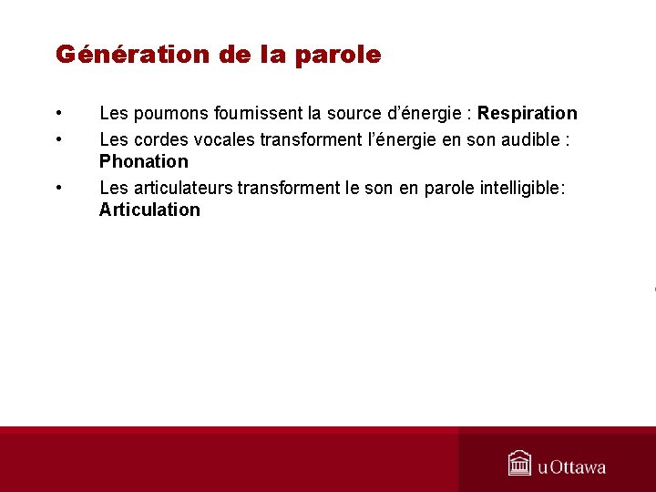 Génération de la parole • • • Les poumons fournissent la source d’énergie :