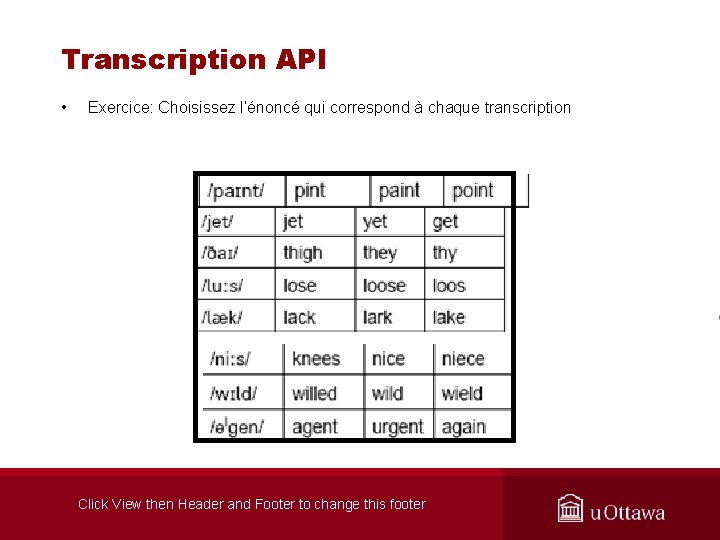 Transcription API • Exercice: Choisissez l’énoncé qui correspond à chaque transcription Click View then