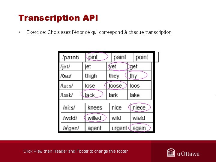 Transcription API • Exercice: Choisissez l’énoncé qui correspond à chaque transcription Click View then