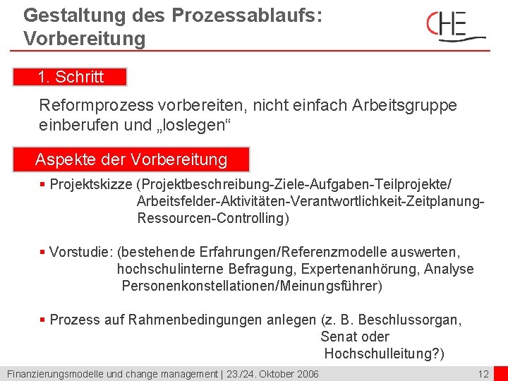 Gestaltung des Prozessablaufs: Vorbereitung 1. Schritt Reformprozess vorbereiten, nicht einfach Arbeitsgruppe einberufen und „loslegen“