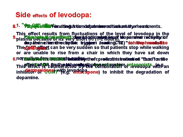 Side effects of levodopa: On-Off" effect: 4. 1. "Tachycardia 2. "Dyskinesia" resulting and induction