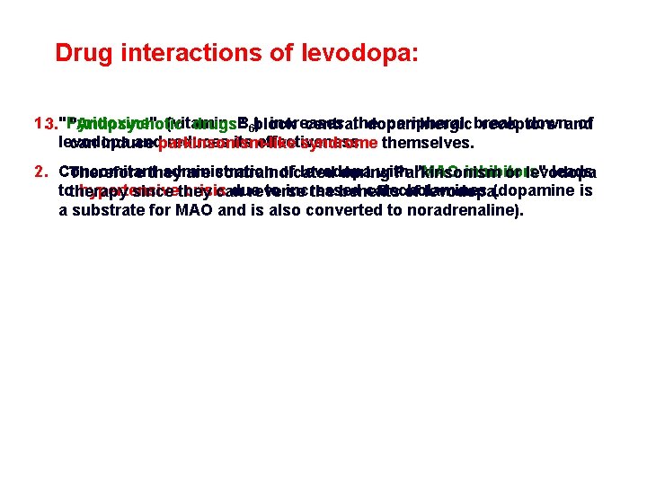 Drug interactions of levodopa: 1. 3. "Pyridoxine" (vitamin ) increases peripheral break downand of