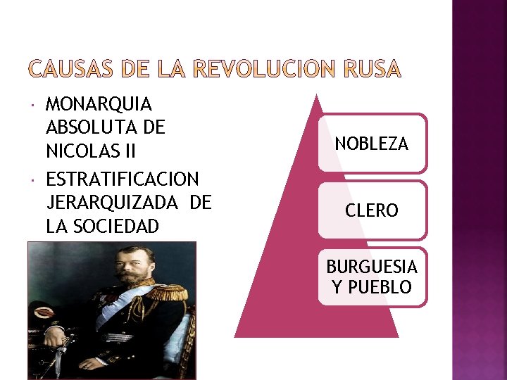  MONARQUIA ABSOLUTA DE NICOLAS II ESTRATIFICACION JERARQUIZADA DE LA SOCIEDAD NOBLEZA CLERO BURGUESIA