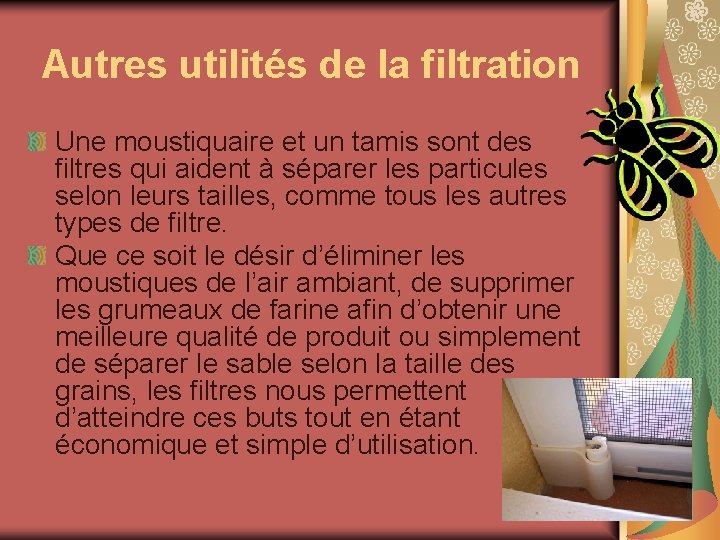 Autres utilités de la filtration Une moustiquaire et un tamis sont des filtres qui