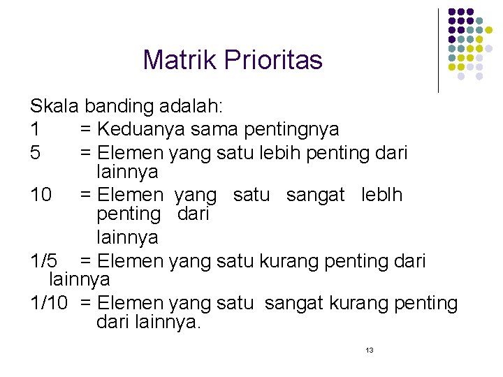 Matrik Prioritas Skala banding adalah: 1 = Keduanya sama pentingnya 5 = Elemen yang