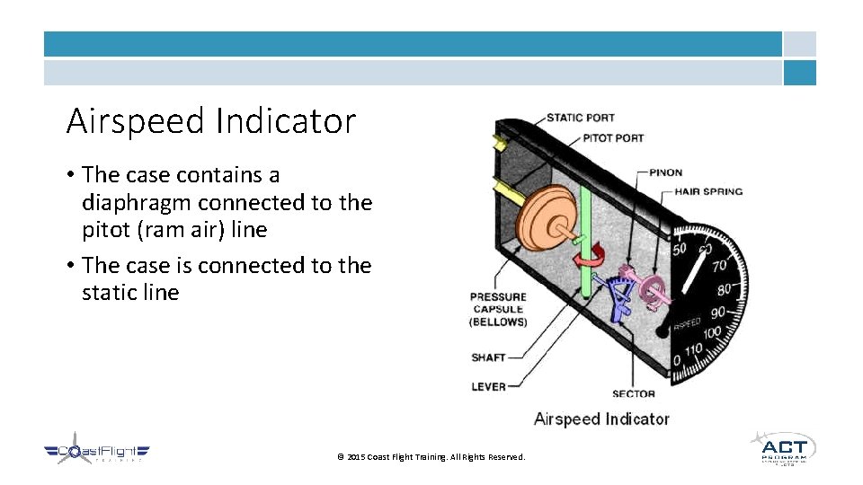 Airspeed Indicator • The case contains a diaphragm connected to the pitot (ram air)